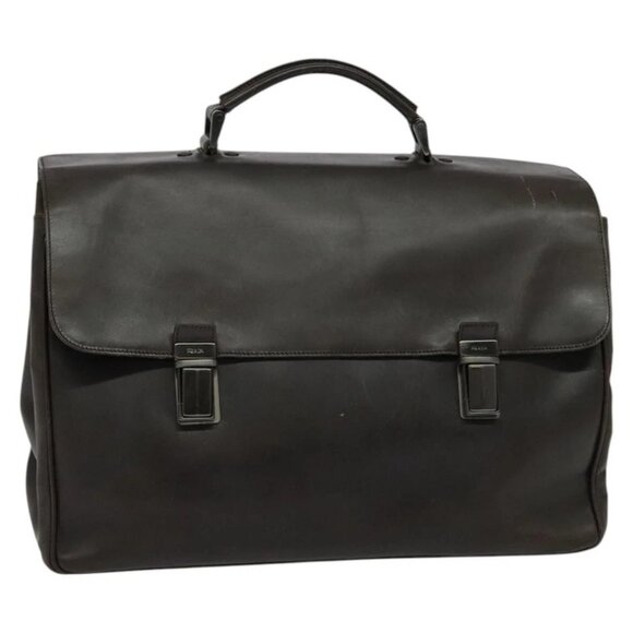 PRADA Business Bag Leather Brown Silver Auth - Picture 1 of 16
